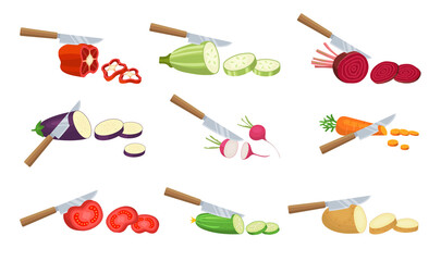 Canvas Print - Slice vegetables. Preparing healthy natural products vegan food knife cutting processes carrot onion cucumber red green pepper salad recent vector cartoon pictures collection