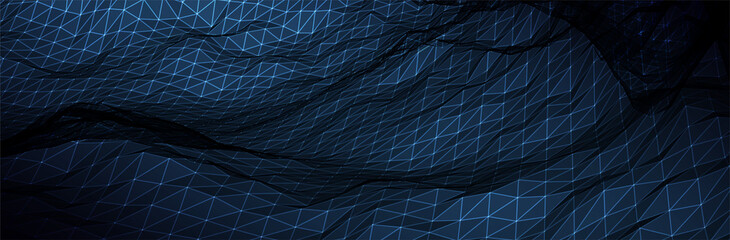 Wall Mural - Abstract Blue Background. Dark low poly triangle pattern. Virtual computer Landscape. Technology style. Sci-fi surface. Banner or presentation template. Vector illustration