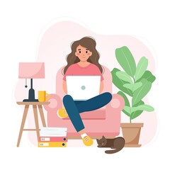 Wall Mural - Work from home concept, woman on a chair with laptop, student or freelancer. Cute vector illustration in flat style