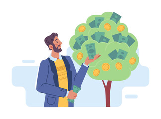 Business growth, financial success concept. Vector businessman plant money tree or picking dollars. Profit income with gold bonus, growing bills, abundance and collect of capital, bearded cartoon man