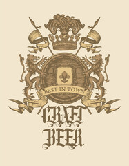 Wall Mural - hand-drawn banner for best in town craft beer with a coat of arms in vintage style. vector brewery h