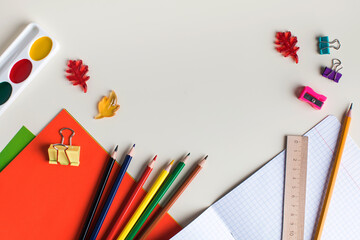 Flat lay various office supplies. The concept of learning, back to school. Copy space.