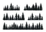 Fototapeta Las - Set of fir forest silhouettes. Coniferous spruce trees horizontal background. Collection of black evergreen panoramas. Isolated on white vector illustration in hand drawn style 