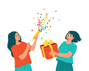 Two young women, one holding a gift box, other exploding a slapstick with confetti and streamer. Concept of congratulation on birthday, new year, merry christmas, victory. Isolated vector illustration