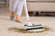 Young woman uses cordless vacuum cleaner to clean home carpet. Close-up of mung bean brush from carpet.