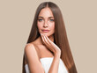 © Utkamandarinka - Woman with long smooth hair breunette natural make up healthy skin manicure nails