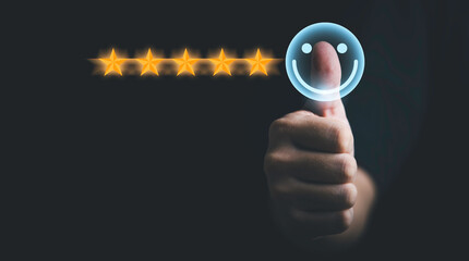 Poster - Businessman thumb rise up for pushing smile button for the best evaluation and clients excellent rating , customer satisfaction concept.