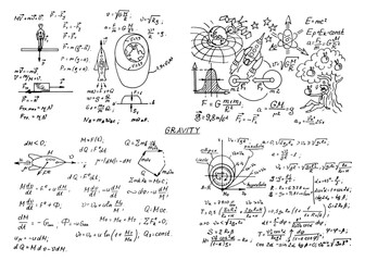 The law of force of gravity. Physical equations, formulas and schemes on whiteboard. Vector hand-drawn illustration. Vintage scientific and educational background.