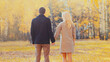 © rohappy - Silhouette back of happy young couple together holding hands walking in warm sunny autumn day, rear view