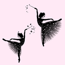 Graceful Ballerina Girl With Transparent Tutu Dress, Royal Crown And Magic Wand Standing On Pointe Shoes - Fairy Tale Godmother Or Princess Vector Silhouette