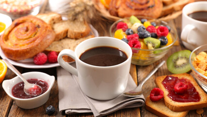 Poster - coffee cup with croissant and fresh fruits