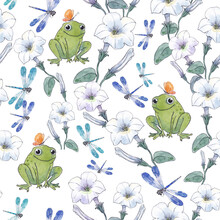 Watercolor Pattern With Frog, Flowers And Dragonflies