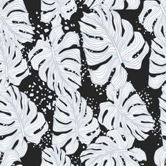  Blue outline monstera silhouettes seamless doodle pattern. Black background with splashes.