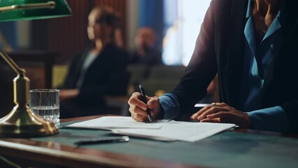 Wall Mural - Court of Justice and Law Trial: Female Public Defender Writes Down Arguments for Defence Strategy. Successful Attorney Lawyer Fight for Freedom of Her Client with Supporting Evidence. Close Up.