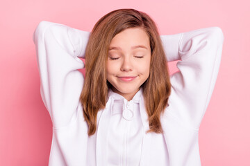 Sticker - Portrait of attractive cute dreamy girl resting sleeping calm isolated over pink pastel color background