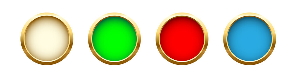 Poster - white, green, red, blue circles with golden frame line set. round electric button shapes. geometric 