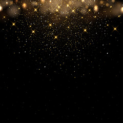 Wall Mural - Golden glitter and sparkles on dark background. Yellow flakes in shiny light vector illustration. Bright dust sparkling on black wallpaper design. Christmas or holiday card decoration