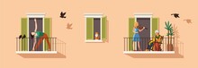 People On Balcony. Balconies For Relaxing. Woman Does Sport, Plays Music, Grandmother Knitting, Brick Wall Of Building Facade, Characters Hobbies. Vector Flat Cartoon Isolated Illustration