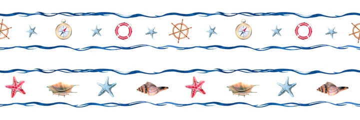 Two nautical seamless borders for wallpaper or wrapping paper in watercolor illustration isolated on white background. Include starfish, seashells, steering wheel, compass and lifebuoy