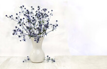 Bouquet Flowers Blue Eryngo ( Eryngium Planum, Flat Sea Holly ) In Porcelain White Vase On A White Table With Space For Text. Flowerheads Surrounded By Spiky Bracts