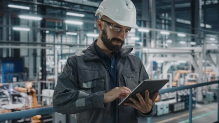 Poster - Car Factory Engineer in Work Uniform Using Tablet Computer. Automotive Industrial Manufacturing Facility Working on Vehicle Production with Robotic Arms Technology. Automated Assembly Plant.