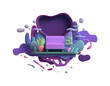 © roman3d - Floating island in blue clouds and flying bubbles with a purple sofa on green lawn, potted plants, multicolor trees, bushes. Minimal art style. Cozy home at night. 3d render isolated on white backdrop