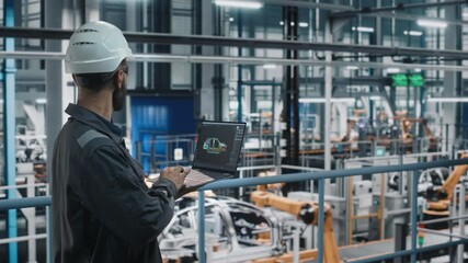Leinwandbilder - Car Factory Engineer in Work Uniform Using Laptop Computer with Digital 3D CAD Vehicle Blueprint. Male Specialist in Automotive Industrial Manufacturing Facility Working on Automobile Production.