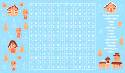 Wall Mural - Printable word search preschool activity, learn english palying, new year and christmas holiday riddle for kids with cute gingerbread characters and houses, cozy cookie village