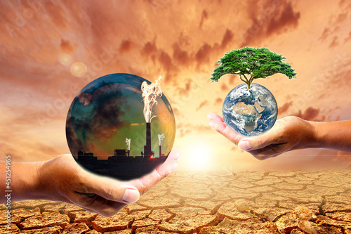 Industrial or environmental concepts. The picture on the left holds an industrial plant. right hand holding the world The backdrop of the plate that is dry due to global warming
