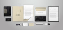 Golden Column Logo And Corporate Style Mockup Bundle. Top View Stationery Branding Set With Premium Colors And Elements. Folder And Letter, Business Card And Envelope. Realistic Image For Strict Firm.