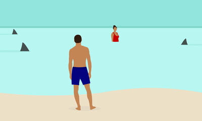 Wall Mural - A male character stands on the beach and looks at a female character surrounded by sharks in the water