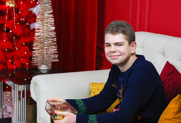 Banner with a portrait of a happy guy with a smile in a Christmas sweater sitting on a beige sofa in a Christmas interior where there are Christmas trees and decorations. Gifts. New year concept.