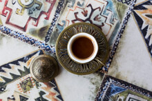 Traditional Turkish Coffee. Oriental Coffee On The Table In A Copper Cup. Tbilisi, Georgia.