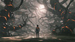 The man standing in a road full of evil trees, digital art style, illustration painting