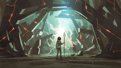 child with spear standing in a cave full of many futuristic stone blocks, digital art style, illustration painting