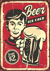 Ice cold beer retro sign design with man toasting with beer mug. Vintage comic style bar or pub advertisement for alcoholic drinks. Vector poster illustration.