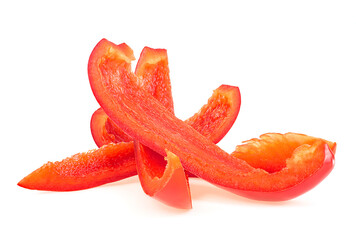 Wall Mural - Slices of red sweet bell pepper isolated on a white background. Red pepper slices strips.