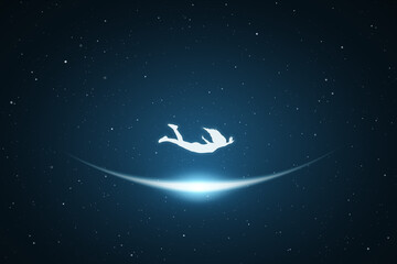 Falling girl. Lonely woman fly in dream. Glowing outline in space