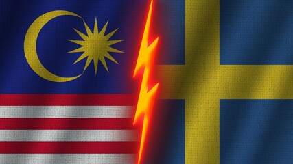 Sweden and Malaysia Flags Together, Wavy Fabric Texture Effect, Neon Glow Effect, Shining Thunder Icon, Crisis Concept, 3D Illustration