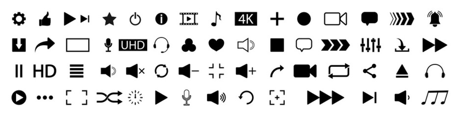 Poster - Media player icon. Music and video play button. Set of interface buttons of pause, forward, record, mute, stop, arrow, speaker, gear, rewind, volume control. Symbol for sound playlist, movie. Vector