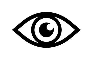 Poster - Eye icon. Pictogram of view, optical eyesight and anatomy. Symbol of eyeball, vision, science and web. Logo of human eye for website and search. Simple silhouette isolated on white background. Vector