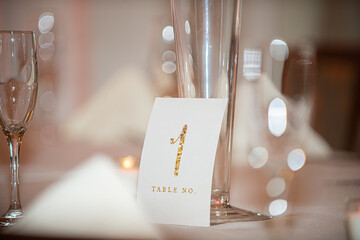 Wedding Reception table number One place card on elegant table setting