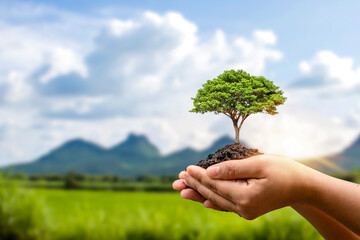 Growing trees in human hands and blurry green forest background environmental protection concept Maintain an ecologically clean world Earth Day Cards.