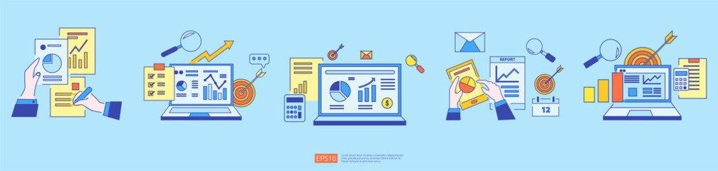 Poster - chart document data report concept for business statistics set, investment analysis, planning research and finance audit accounting with paper sheet, hands, magnifier, paperwork, chart, graphs element