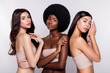 © Beauty Hero - Photo of three young woman cosmetology procedure beauty pure soft skin isolated over grey color background
