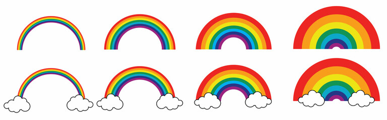 Wall Mural - Colorful rainbows icons set. Collection classic rainbow. Red, orange, yellow, green, blue and purple colour. Rainbow with white cloud