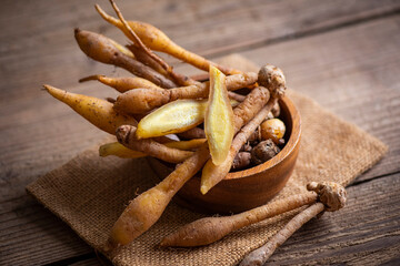 Wall Mural - Kaempfer root for food and Thai or Chinese herbal medicine nature - Other names Fingerroot ( Chinese Ginger, Galingale, Kaempfer, Boesenbergia rotunda, Krachai )