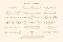 Art Deco Borders Set In Trendy Minimal Liner Style. Vector Elements, Dividers In 1920s Style