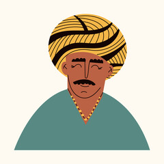 Portrait of elderly Indian man with turban. Avatar of a hindu ethnic father in traditional clothing. Oriental old male character. Flat vector cartoon illustration isolated on white background