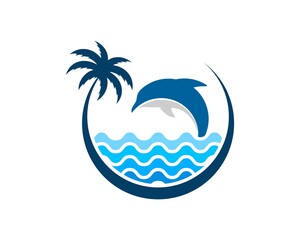 Sticker - Circular palm tree with abstract beach wave and jumping dolphin